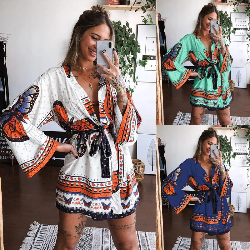 2023 Spring/Summer New Women's Long Sleeve V-Neck Lace up Printed Dress
