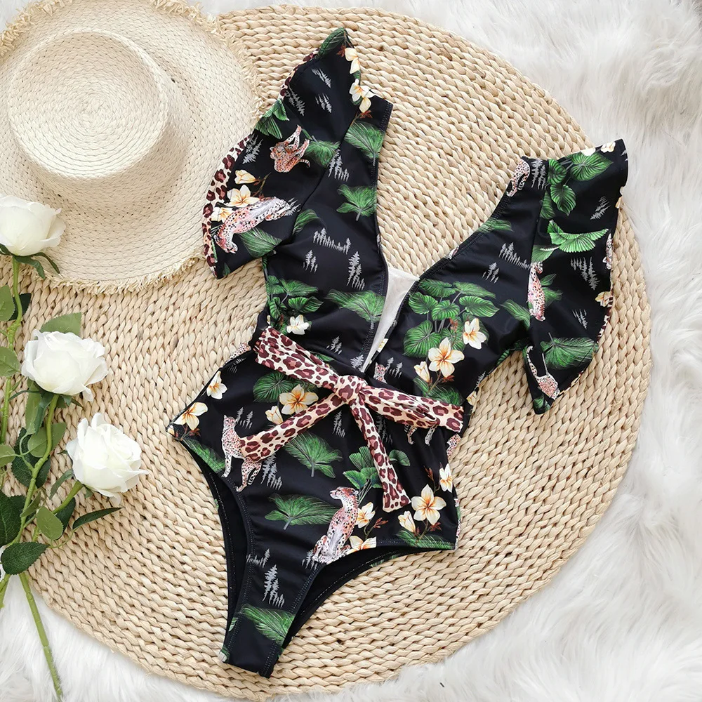 

Deep V-neck Backless Lace-up One-Piece Triangle Swimsuit Women's European and American 2022 New Leopard Print Ruffle Swimwear