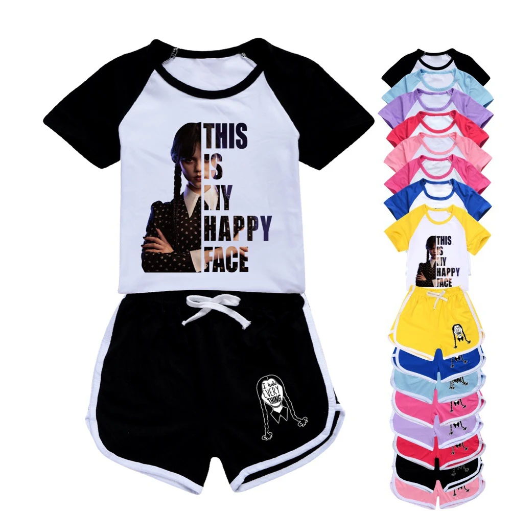 

New Kids Wednesday Addams Cosplay Clothes Sets Girls Summer Clothing Short Sleeve Print Sport Suits Children Top + Pants Outfits
