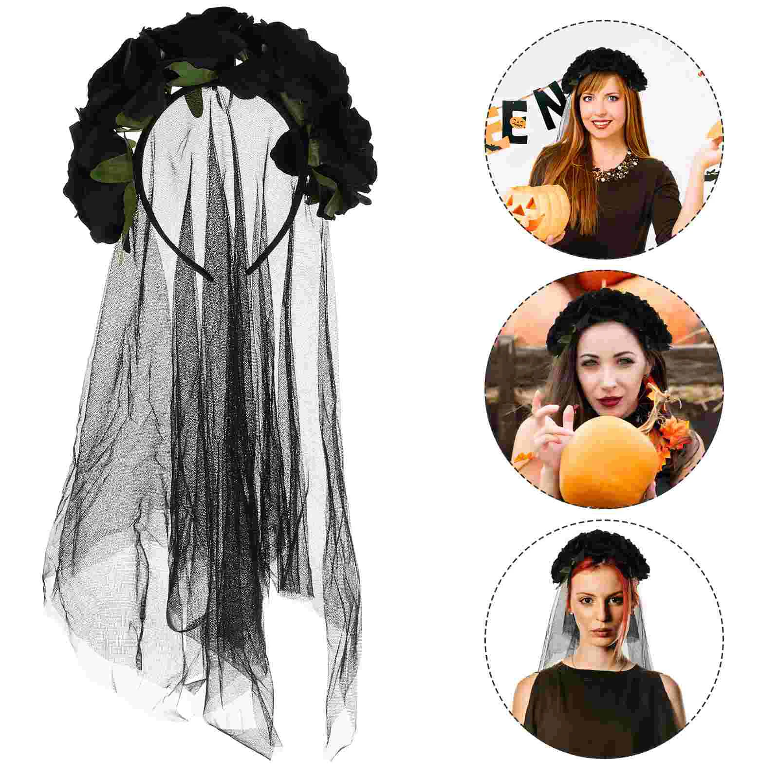 

Rose Flower Headband, Day of The Dead Headpiece With Black Veil Costume Dress Accessory Velo