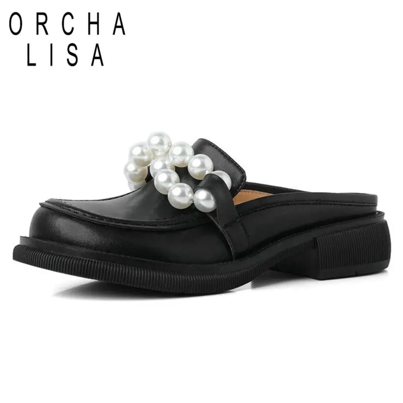 

ORCHA LISA 2022 Genuine Leather Women's Outdoor Slippers Mules Round Toe Pearls Size 36-40 Beige Black Leisure Spring S3673