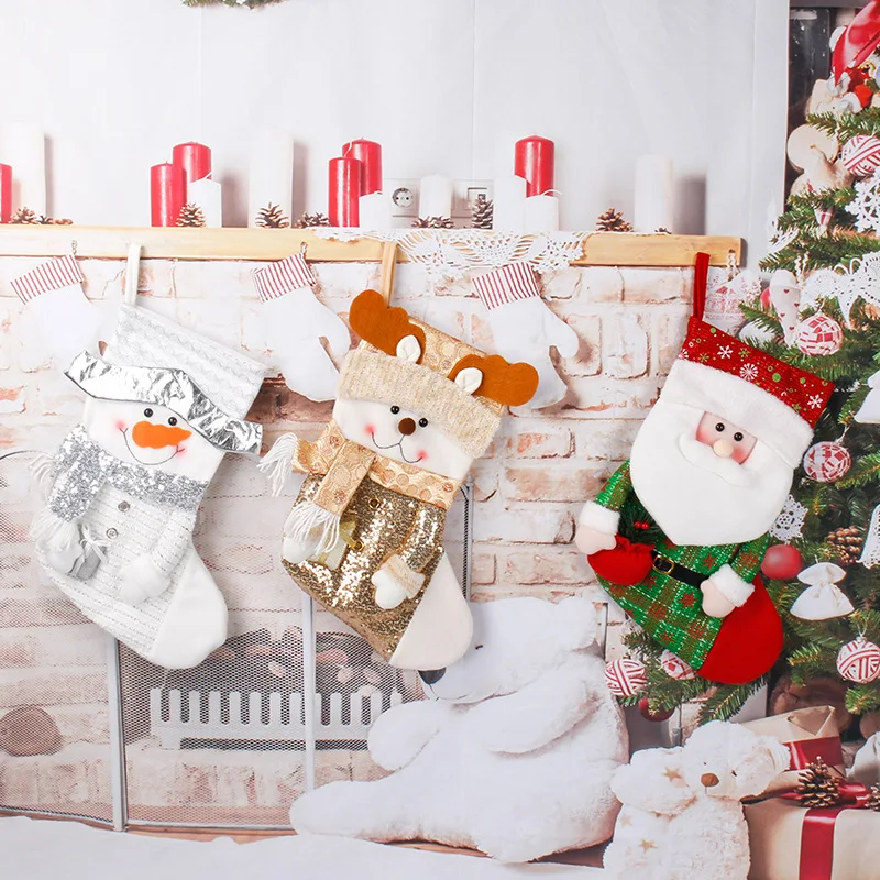 

3pcs Christmas stockings Gold glitter Green Check Red snowflae Silver metallic Fabric Snowman Santa clause Bear design gift bag