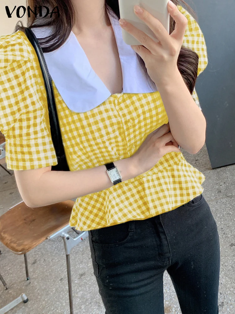 

Women Shirts 2022 VONDA Puff Sleeve Short Sleeve Ruffled Casual Blouse Blusas Femininas Sexy Doll Collar Plaid Pleated Tops
