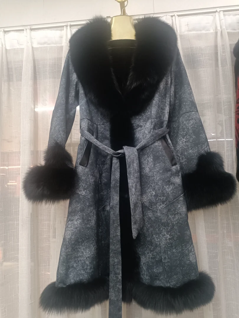 FURTJY Plus Size New Genuine Rabbit Fur Coat Women Winter Real Fox Fur Collar Long Coats Female Genuine Fur And Leather Outwear