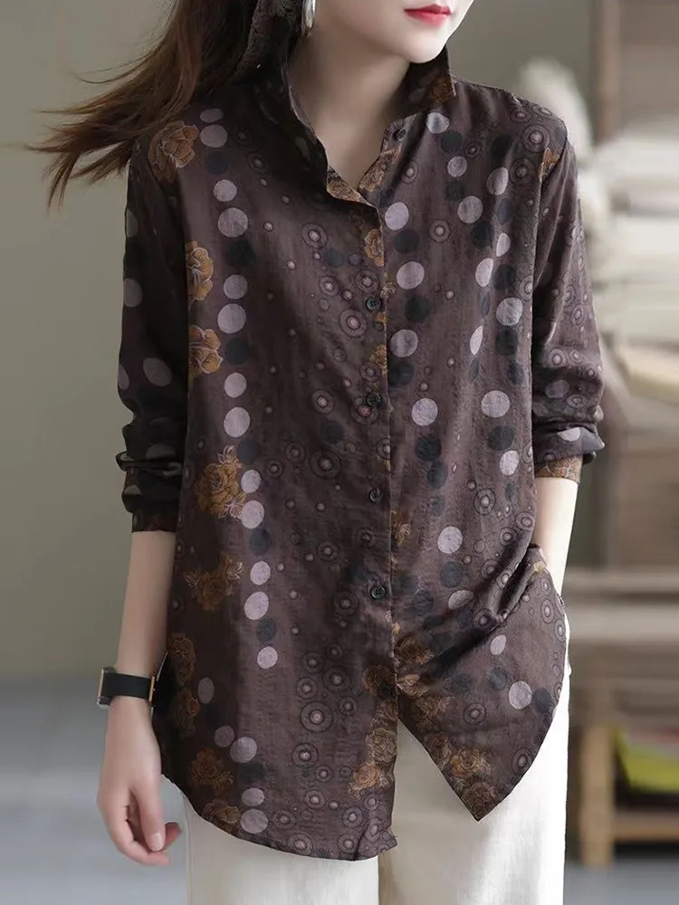 

Женские повседневные рубашки с длинным рукавом, Новое поступление 2022, весенние свободные удобные хлопковые топы в винтажном стиле с цветоч...