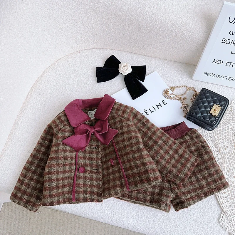 

Larua Kors, новые корейские комплекты детской одежды для девочек, зимняя клетчатая флисовая черная розовая сетчатая юбка с длинным рукавом, 2 шт.