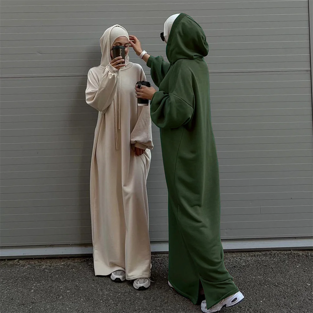 2024 Ramadan Eid Modest Warm Winter Abayas With Hat Muslim Women Abaya Dress Robe Arabe Female Morocco Kaftan Islam Clothing