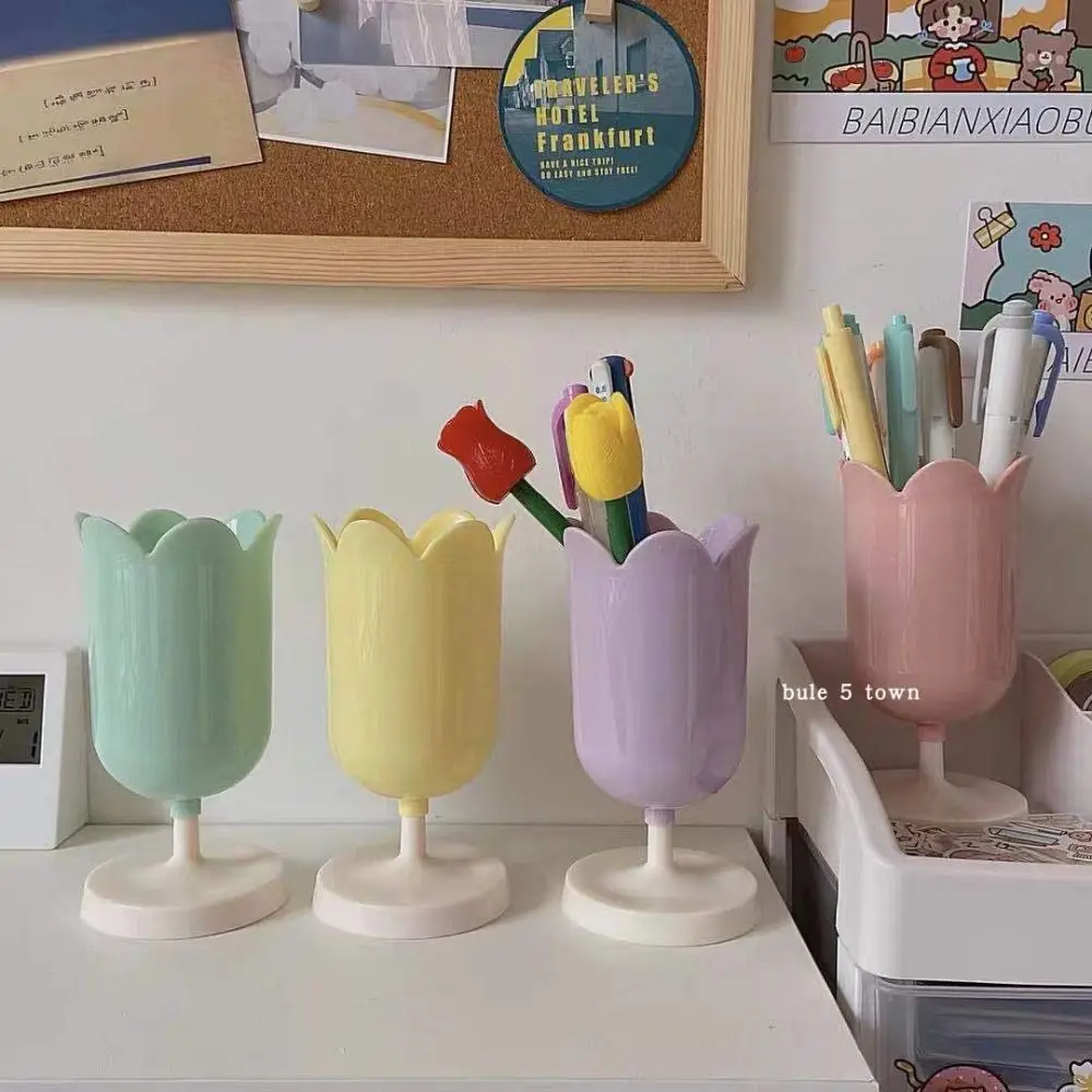 

Cup Desktop Stationery Makeup Storage Plastic Storage Pen Students Brush Tank Organizer Holder Bucket Tulips Storage Holder