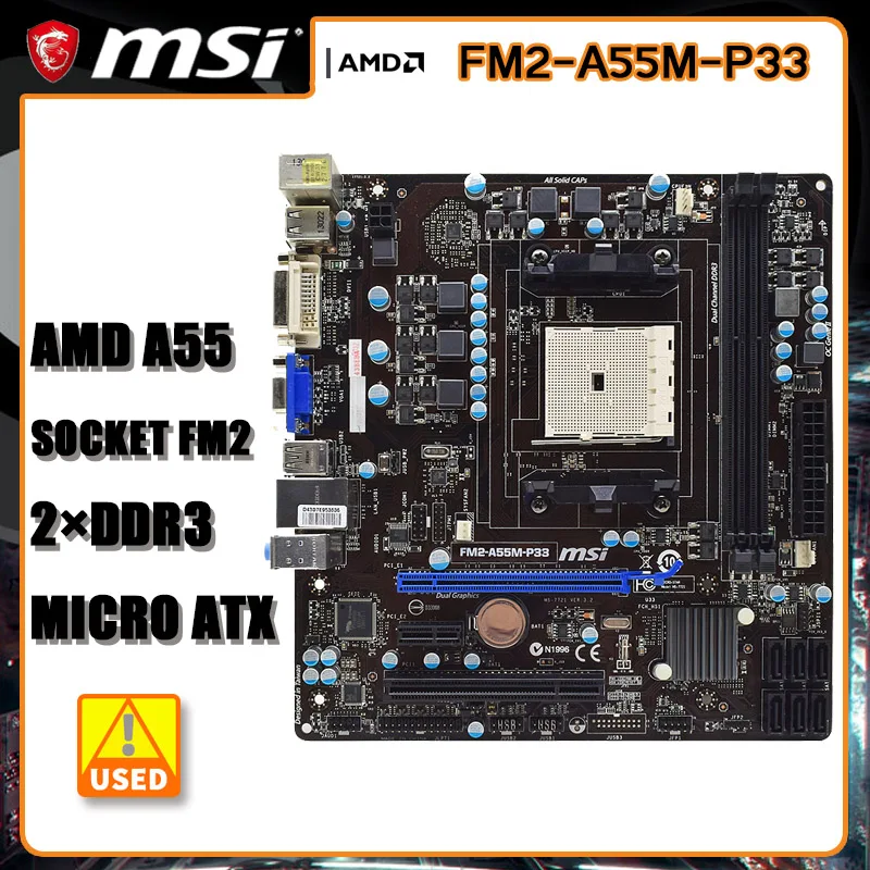 

AMD A55 Motherboard MSI FM2-A55M-P33 Socket FM2 DDR3 16GB PCI-E 2.0 SATA II USB2.0 DVI VGA Micro ATX