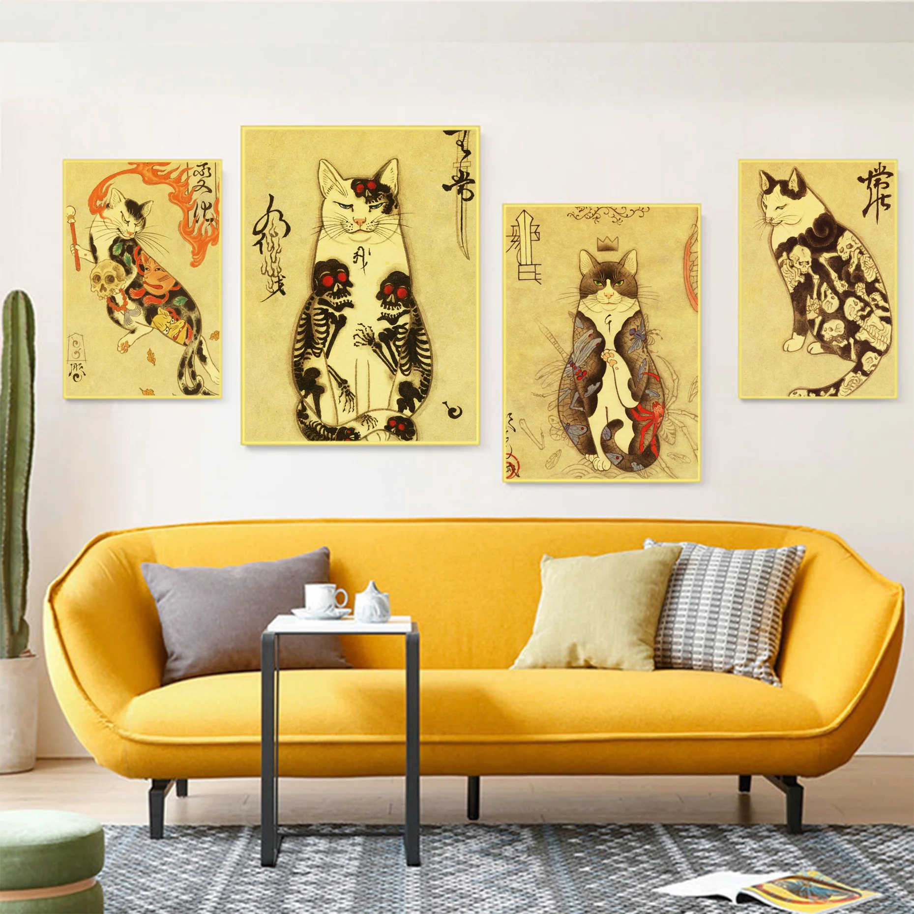 

Japanese Samurai Cat DIY Poster Kraft Paper Vintage Poster Wall Art Painting Study Nordic Home Decor