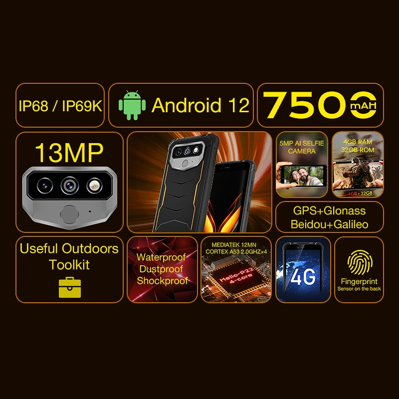Najtaniej Hotwav T5 Pro IP68 Wytrzymały 4G Smartphone Android 12 MTK6761 Telefon Komórkowy 4GB 32GB 5.99 Cal Telefon Komórkowy 13MP Tylna Kamera 7500mAh
