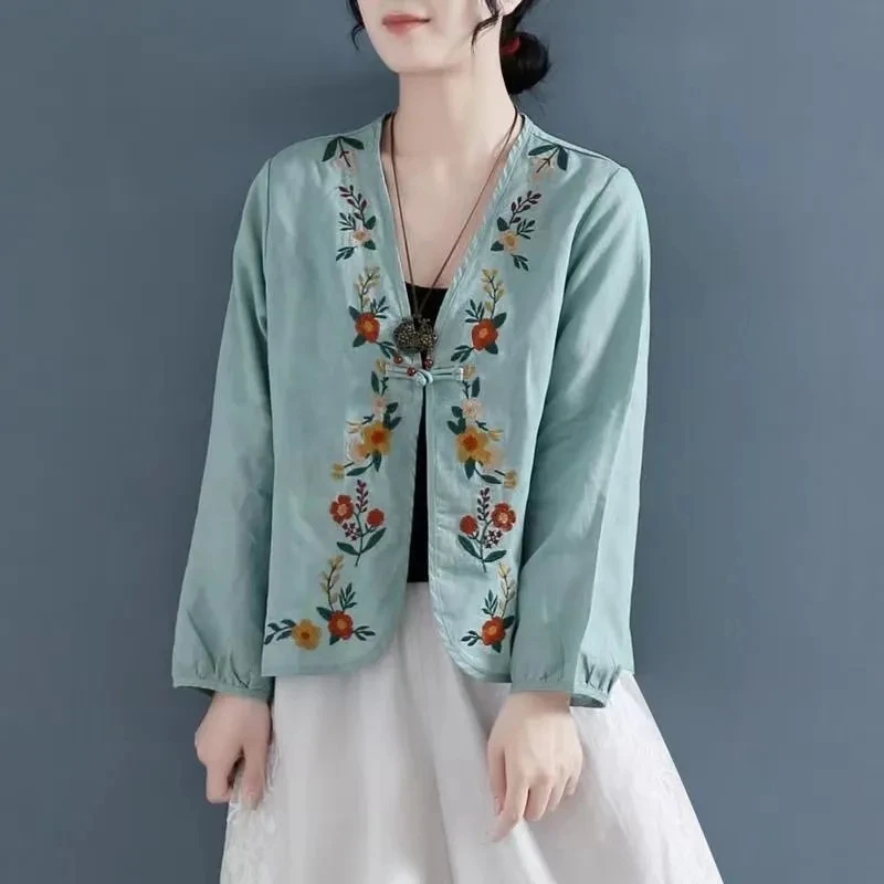 

Japanese Harajuku Blue Red One Button Shirt Women V Neck Long Sleeve Loose Blouse Casual Clothing Embroidery Breathable Tops