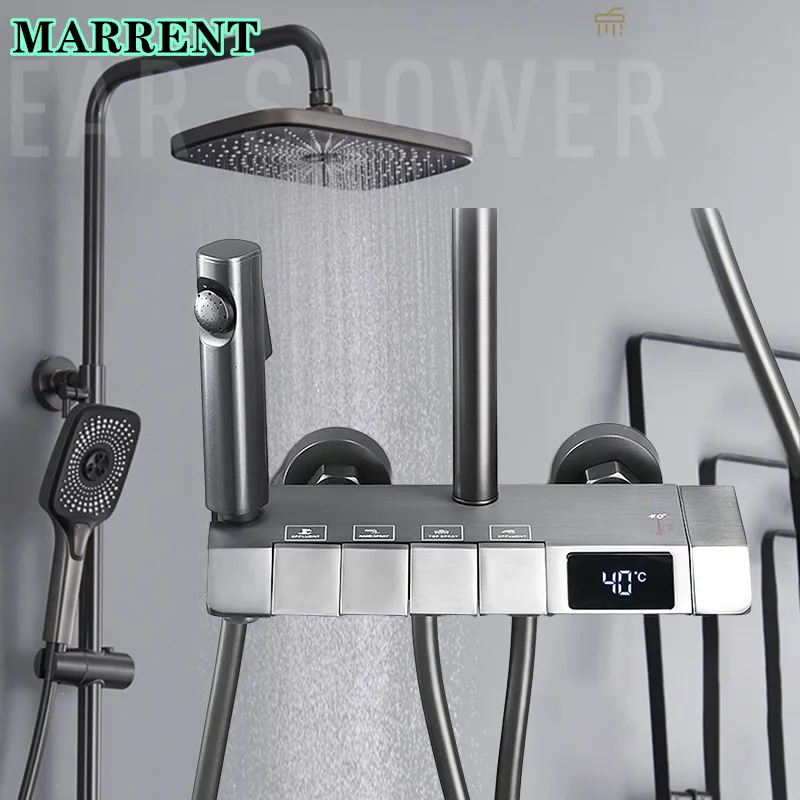 

Grey Piano Digital Shower System Faucets Quality Brass Thermostatic Bathroom Shower Set Rainfall Shower Head Copper Bathroom Tap