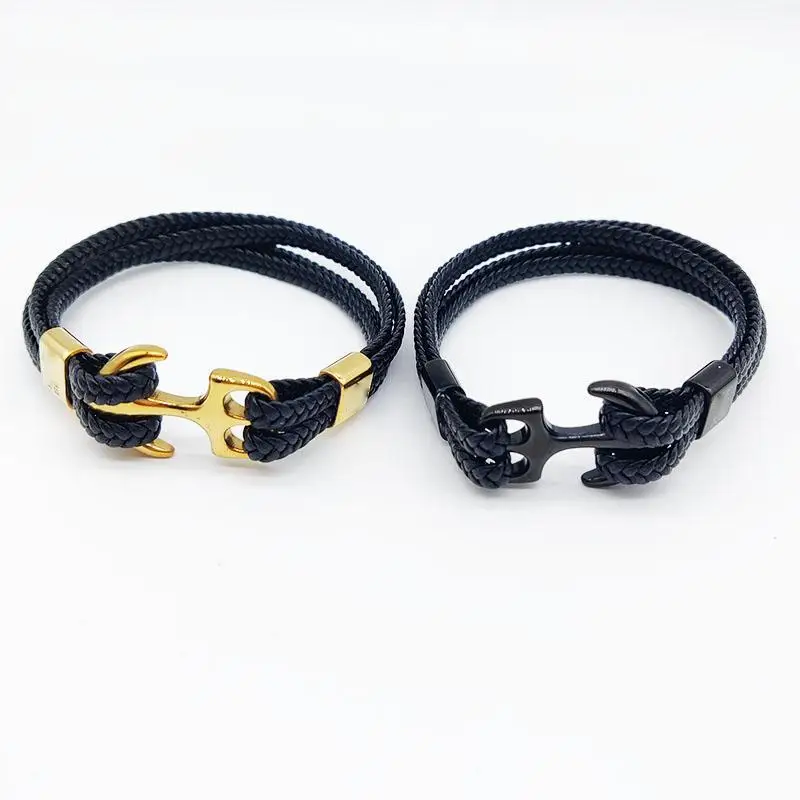 JW72 MB Stainless Steel Ship Anchor Leather Bracelet For Men Vintage Woven