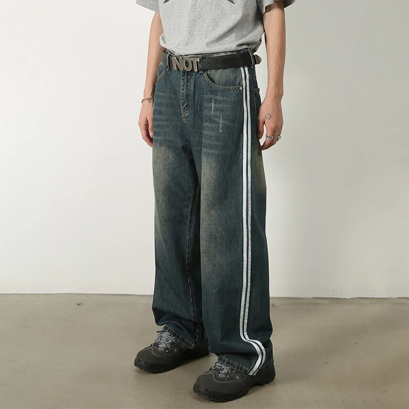 HOUZHOU Distressed Jeans Men Wide Leg Denim Trousers Male Loose Casual Pants Side Stripe Streetwear Hip Hop Men Clothing