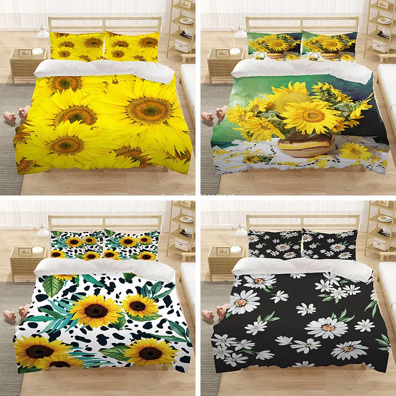 

New Sunflower Daisy Print Bedding Set Deluxe 3D-printed Soft Down Bed Cover Pillowcase Bedroom Decoration Home Textile