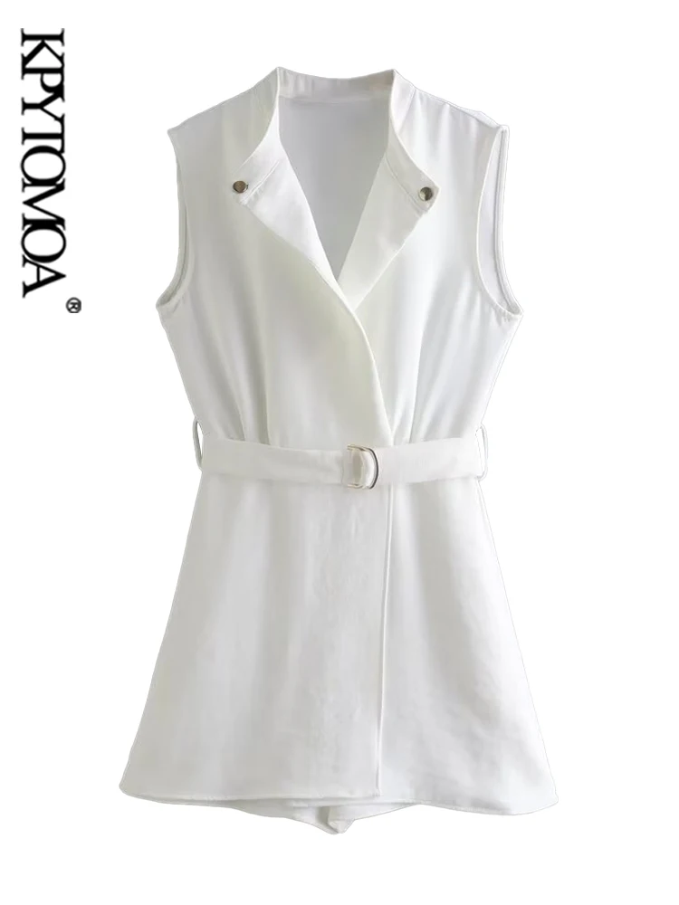 

KPYTOMOA Women Fashion With Belt Gathered Office Wear Playsuits Vintage Sleeveless Front Buttons Female Jumpsuits Mujer