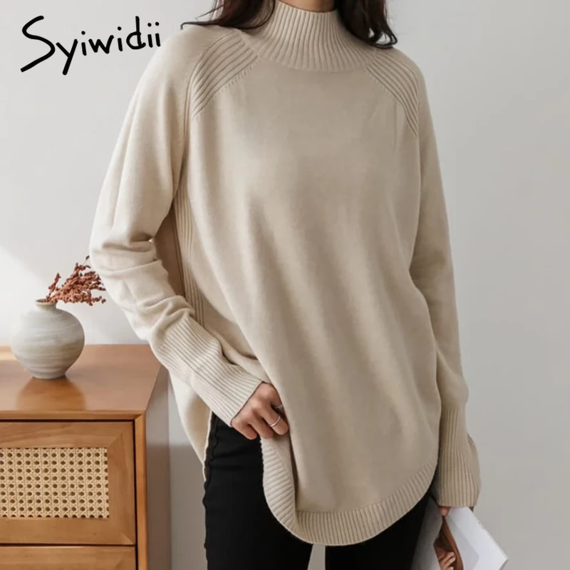 Syiwidii повседневный однотонный свитер женский свободный нерегулярный подол с