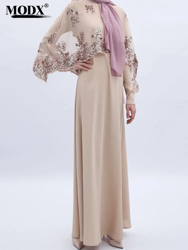 Женское длинное платье с блестками [MODX] черное длинными рукавами и вышивкой в