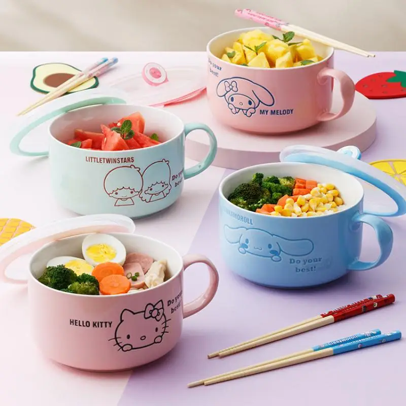 

Sanrios My Melody Cinnamoroll Kuromi Hellokitty Cartoon Kawaii Ceramic Instant Noodle Bowl Super Cute with Cover Lunch Box