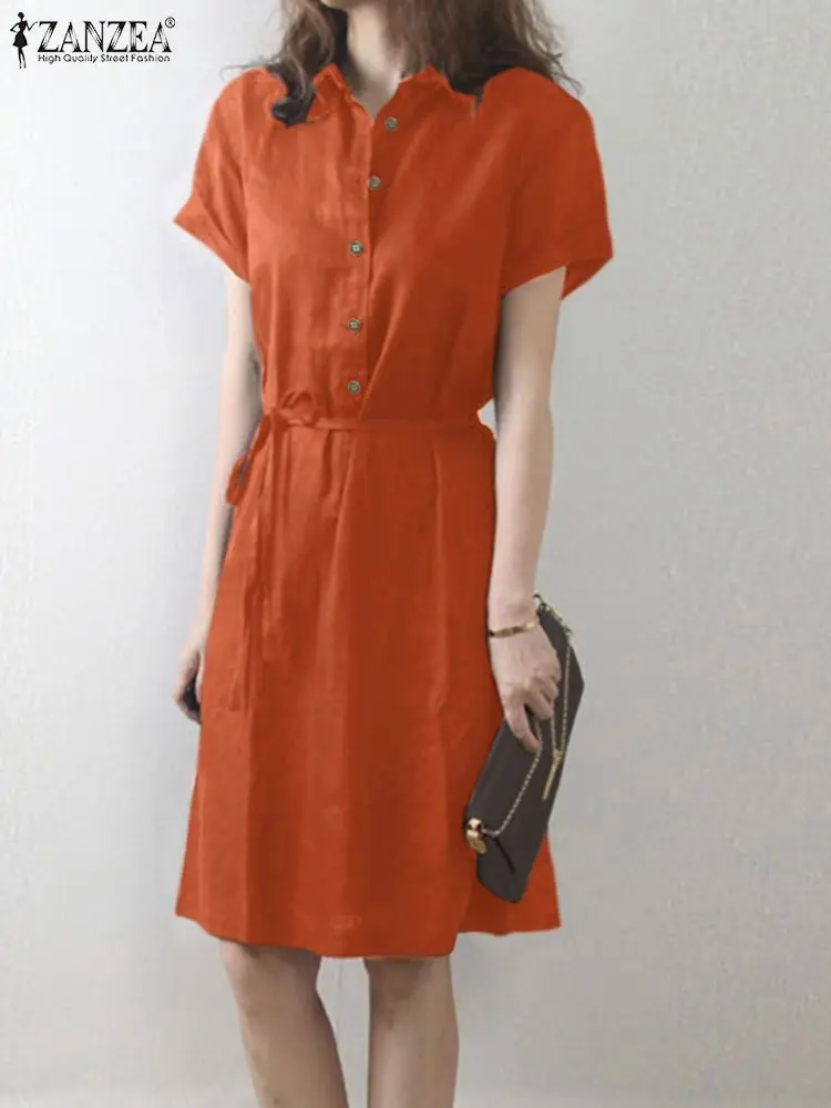 

Платье ZANZEA женское однотонное, элегантный винтажный Повседневный офисный сарафан, летнее свободное платье до колена с коротким рукавом, 2022