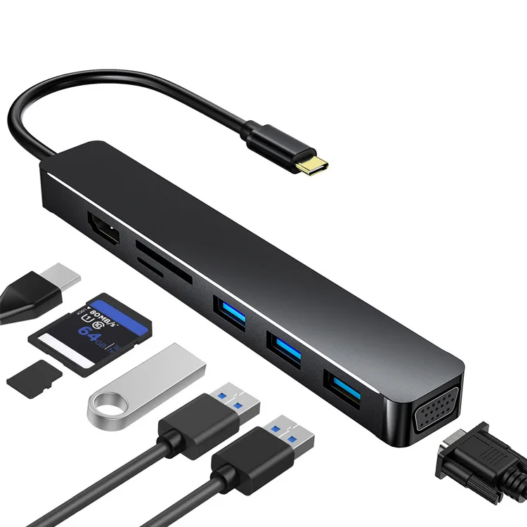 

Макетная док-станция типа C, VGA, HDMI, SD / TF карты, док-станция семь в одном