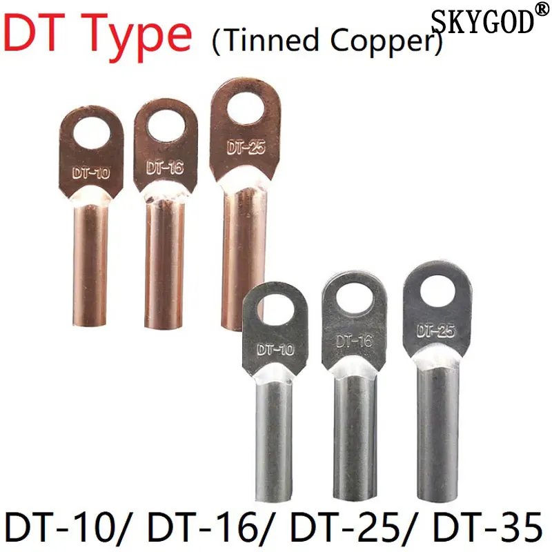 

DT-10 DT-16 DT-25 DT-35 Wire Terminal Copper Crimp Splice Silver Tin Plated Block Bare Bolt Hole Nose Tube LUG Cable Connector