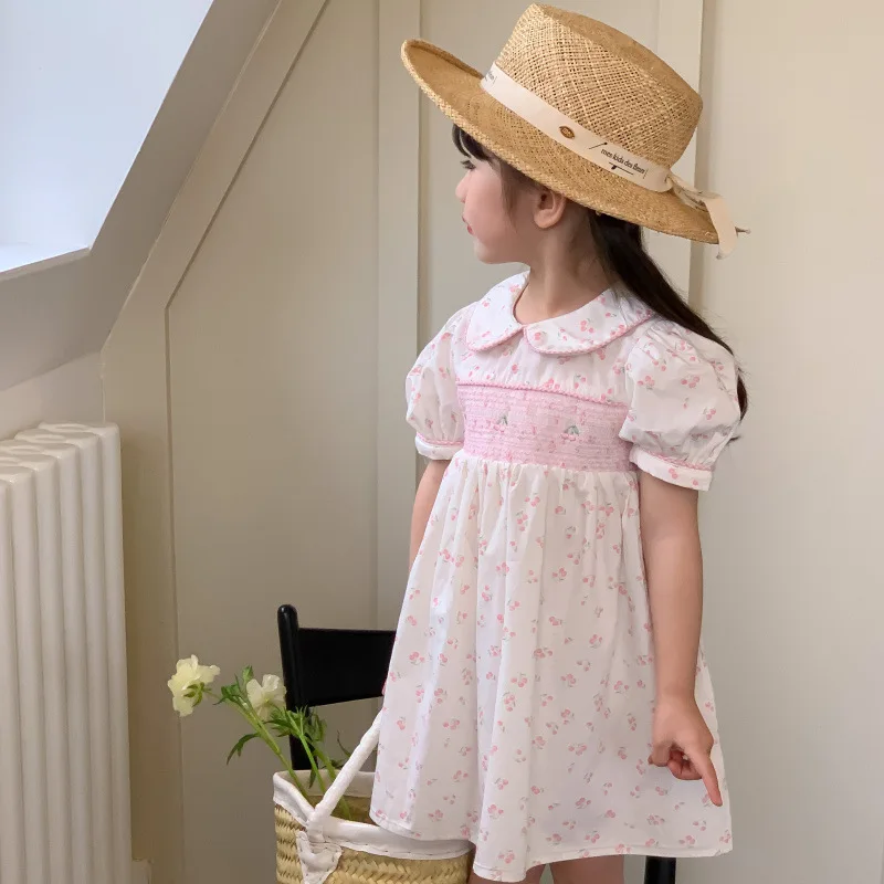 

Girls White Floral Cotton Dress Summer Children Short Sleeve Elegant Smocked Embroidery Dress Frocks For 2-6 Years