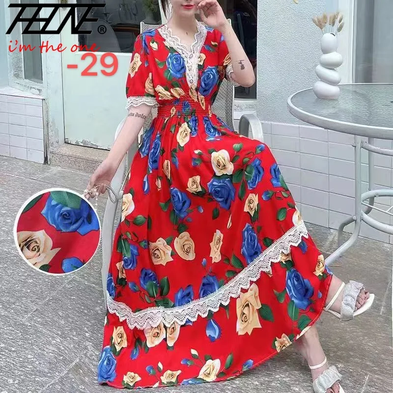 Фото Vestidos Robe, летнее сексуальное платье, женское повседневное платье больших размеров, длинное макси в корейском стиле, пляжное хлопковое кружево с цветочным принтом, богемная индийская одежда №1
