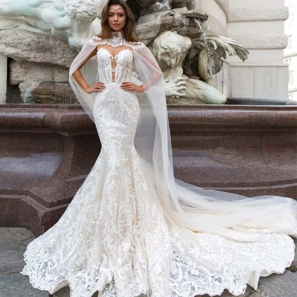 

Dubai Arabic Brand Luxury Mermaid Wedding Dress With Shawl Stunning Lace Court Train Fishtail Bridal Dress Long Vestido De Novia