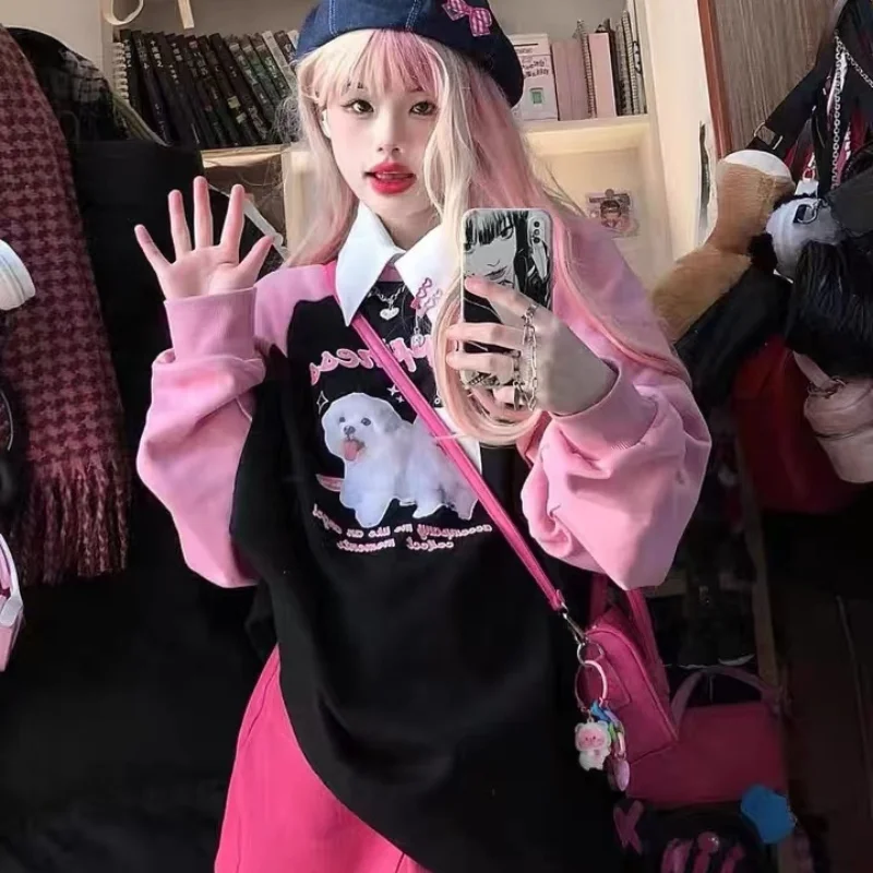 

Women O Neck Sudadera American Pullovers Sweet Hoodies Contrast Color Black Dog Print Pink Sleeve Sweatshirt Y2k Harajuku Tops