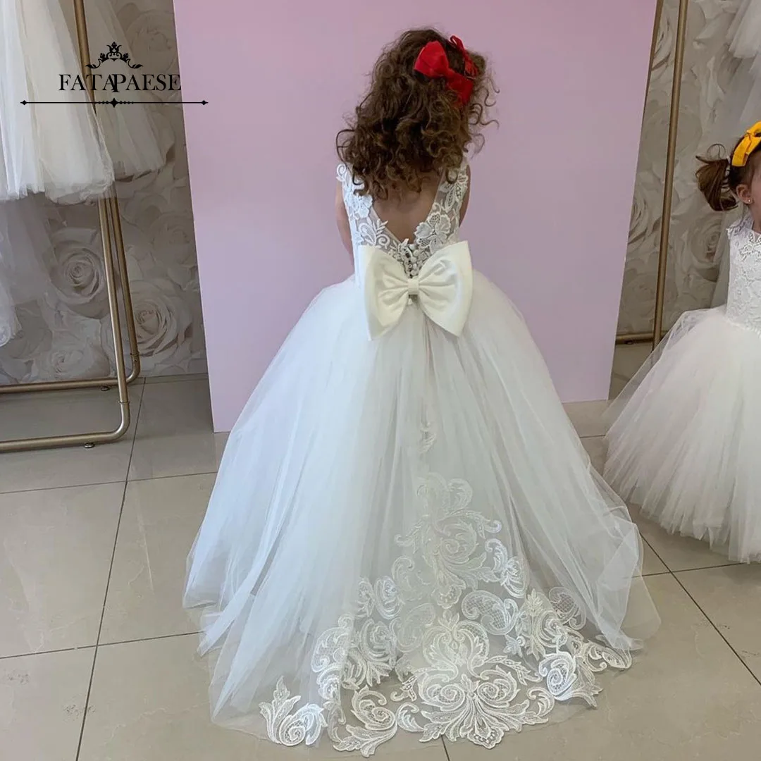 

FATAPAESE Flowers Gril Dress Camellia Gowns Appqulies Beads Bow With Long Train Backless Buttons Wedddding Party Ball Gown TUTU