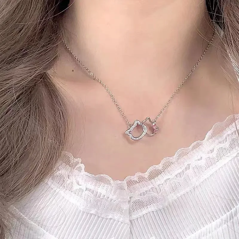 

Sanrio Good Luck Collar Interlocking Helloktty KT Cat Necklace, Cute Double Ring Collar Chain for Female Students Niche Design
