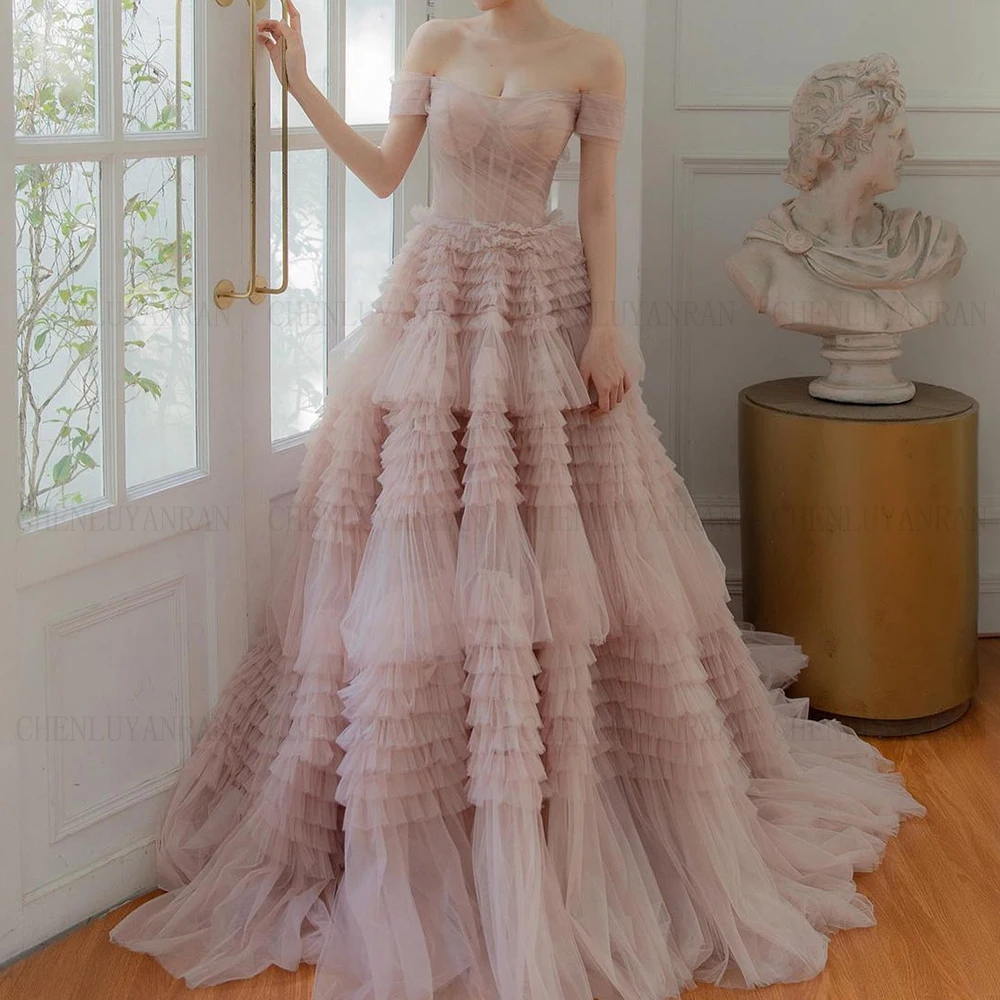 

Blush Pink Off Shoulder Arabic Evening Dress Tulle Tiered Puffy Long Dubai Formal Prom Dresses Sweet ]Birthday Party Gown