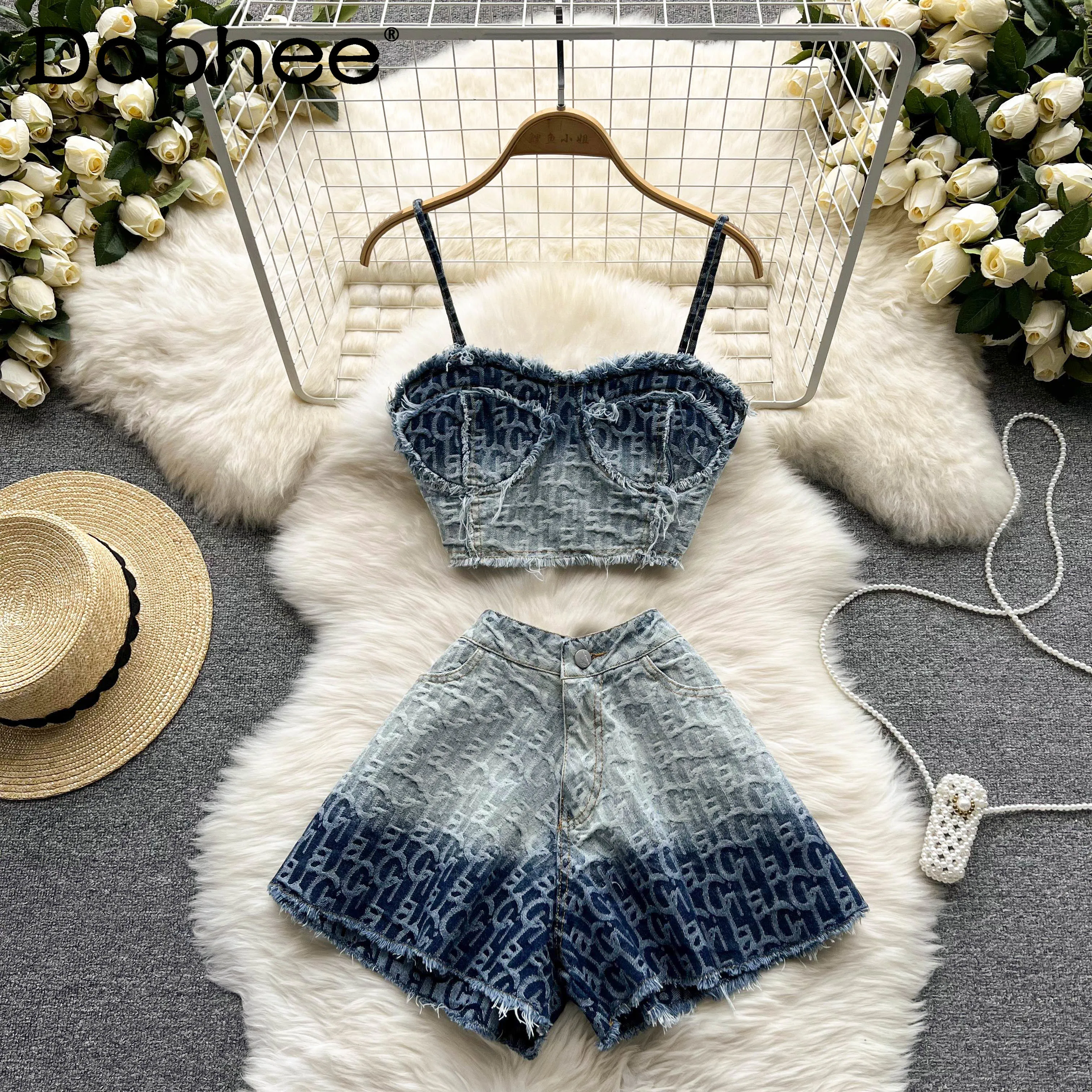 

Denim Shorts Suit 2-Piece Set Women Letter Printed Short Camisole Top Summer High Waist A- Line Shorts Vest Two-Piece Sets Tide