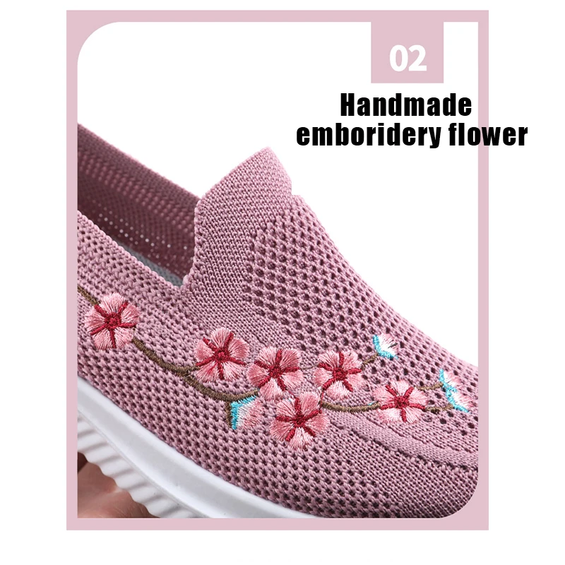 Weightlight mom mesh Wedges sneakers women emboridery flower flats female footwear breathable summer tennis loafers
