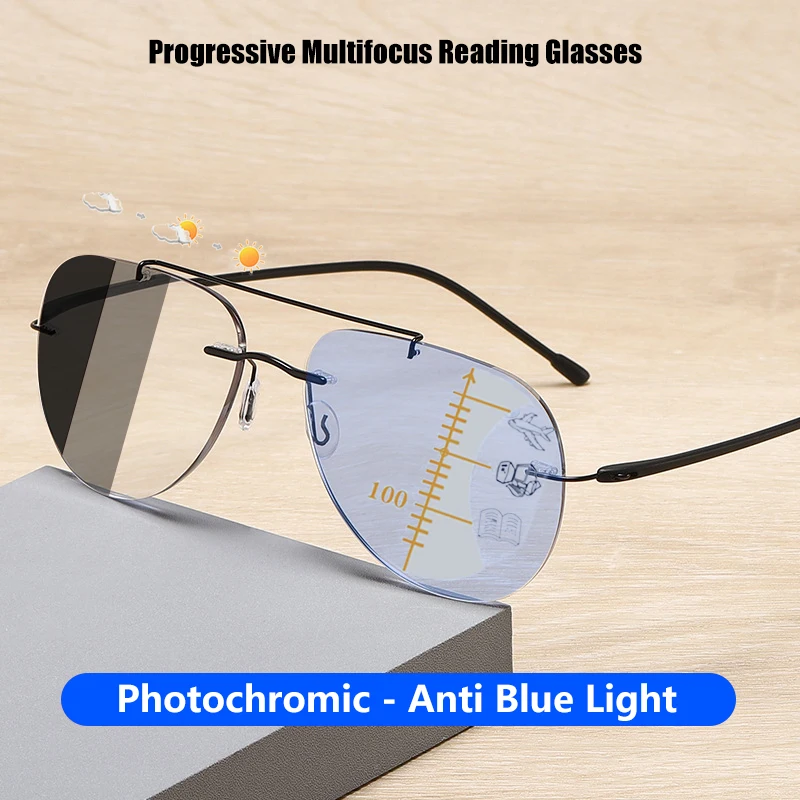 

HUYING безободковые фотохромные многофокальные очки для чтения для мужчин и женщин прогрессивные умные очки для дальнозоркости с Anti-Blue светильник