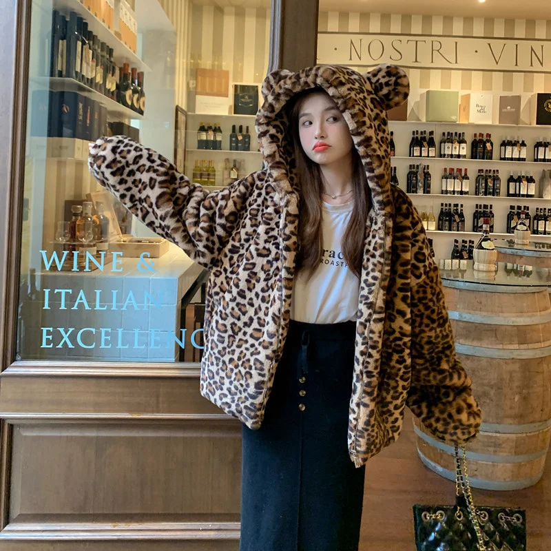 Winter Korean Cute Leopard Print Warm Hooded Short Imitation Rabbit Hair Fur Coat Casual Long Sleeve Women Soft Faux Fur Outwear
