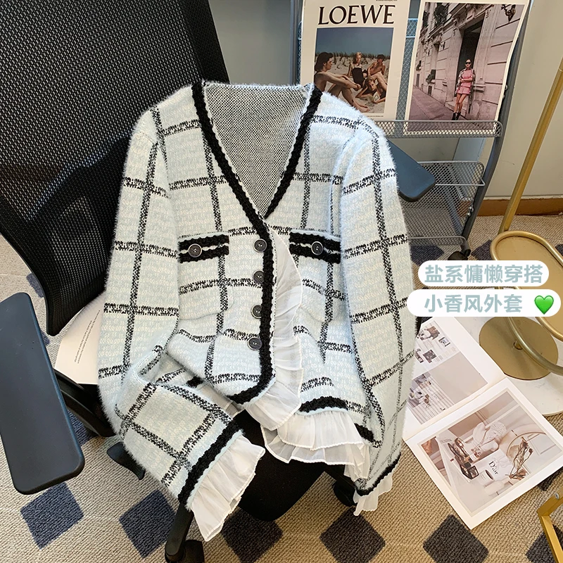 

Пальто из искусственной норки с V-образным вырезом, кардиган, куртки с кружевными краями, темпераментный милый дизайн, Женские Элегантные зимние пальто в клетку с длинным рукавом