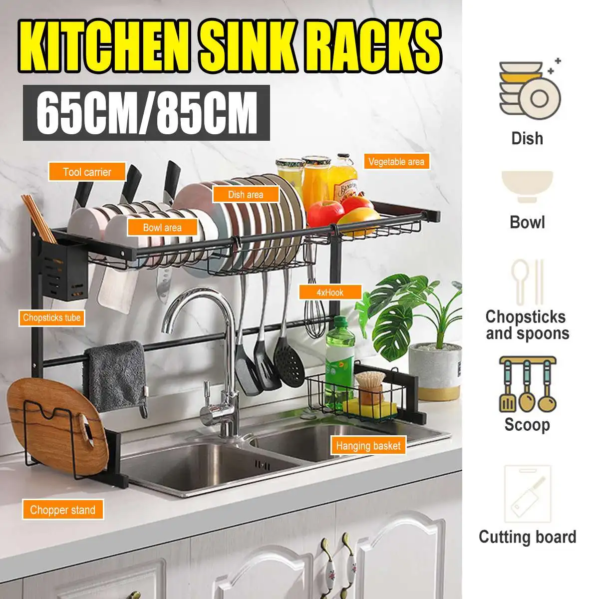 

65/85CM 2/3 Tiers Dish Drying Rack Holder Basket Plated Iron Home Washing Great Kitchen Sink Dish Drainer Drying Rack Organizer