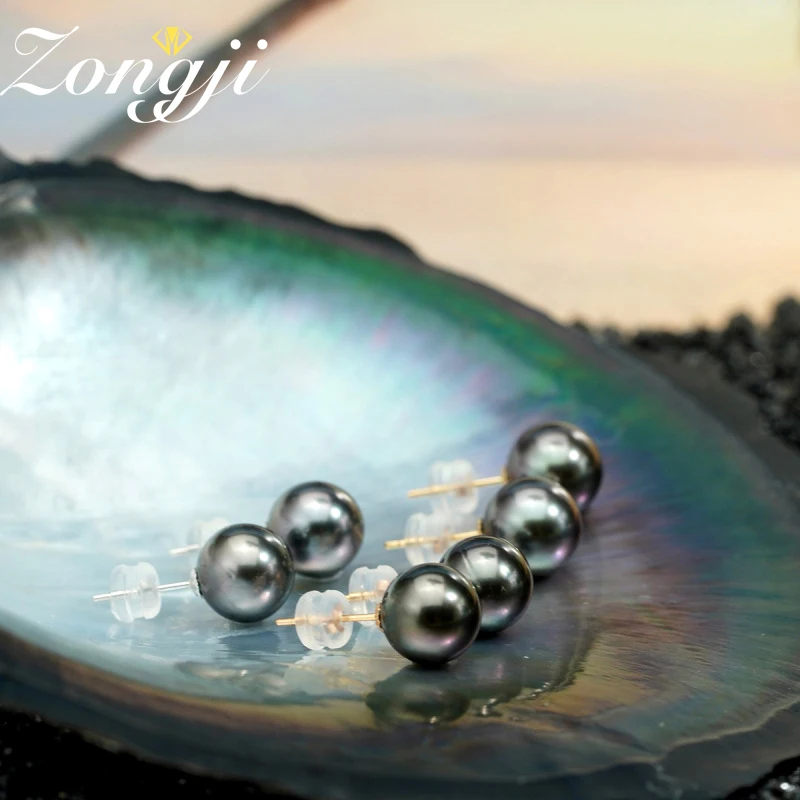 

Fashion Women Natural Round Tahiti 8-9-10mm 18K Gold and Black Pearl Stud Earrings Wholesale Female Jewelry Valentine Party Gift