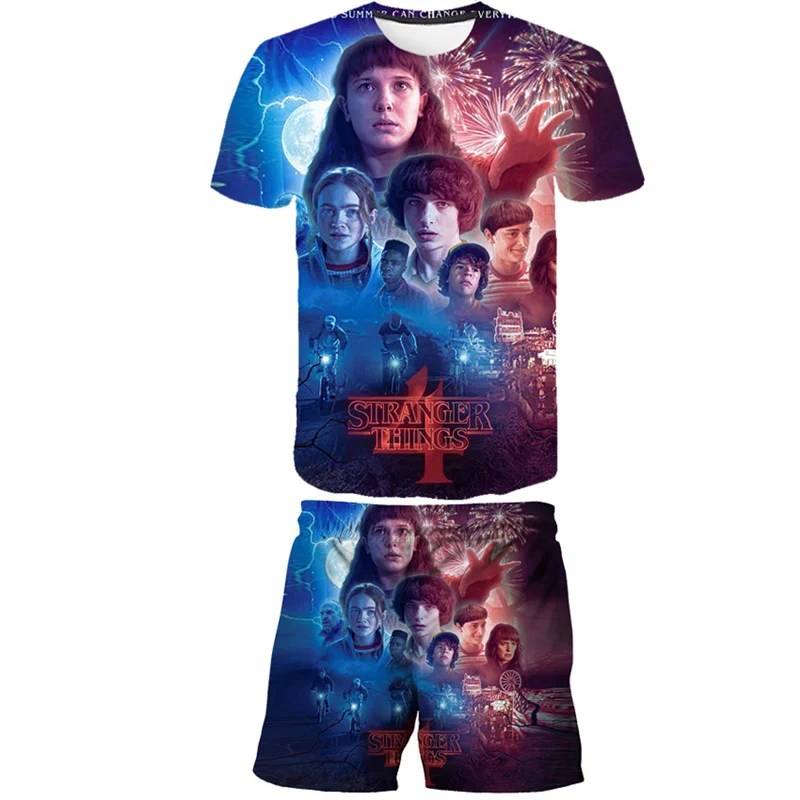 

Boys Girls Stranger Things 4 Clothes Sets Summer Short Sleeves Tops+Short Pants 2pcs/Outfit Hellfire Club Cartoon Casual Costume