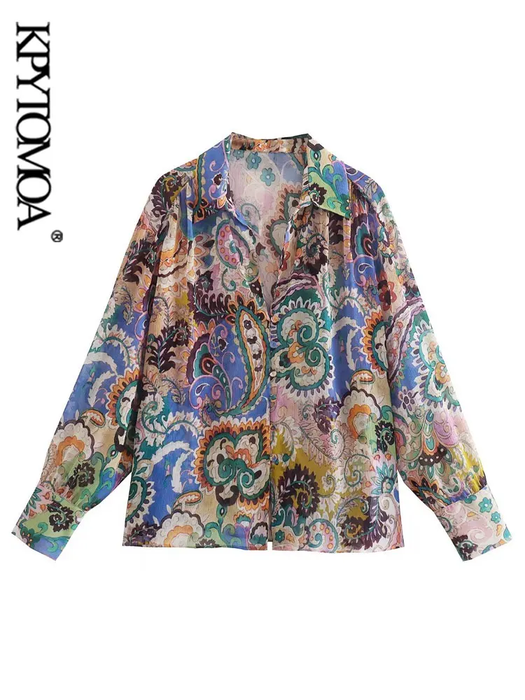 

KPYTOMOA Women Fashion Paisley Print Loose Shirts Vintage Long Sleeve With Covered Buttons Female Blouses Blusas Chic Tops