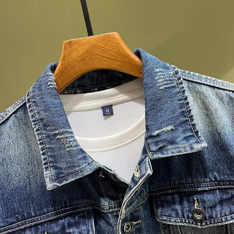 Модная мужская джинсовая куртка 2024 весна-осень американский стиль винтажная