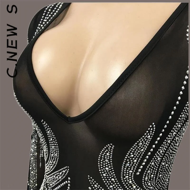 C.New S Глубокий V-образный вырез сетка пэчворк Блестки Кристалл платье для женщин
