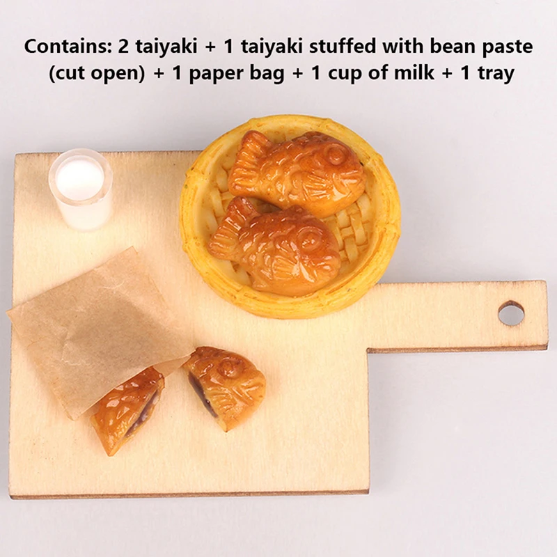 

1/12 Scale Handmade Clay Mini Taiyaki Bean paste cake Milk with Tray Breakfast Miniature Dollhouse Food for Doll Accessories Toy