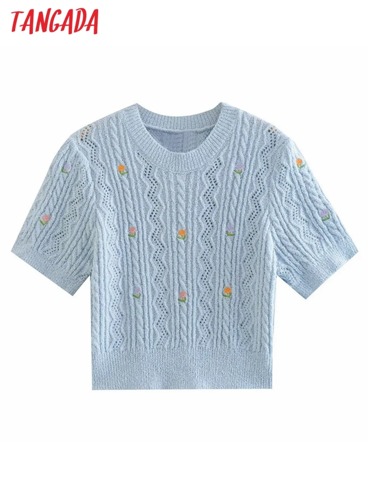 

Женский ажурный свитер с цветочным принтом и коротким рукавом