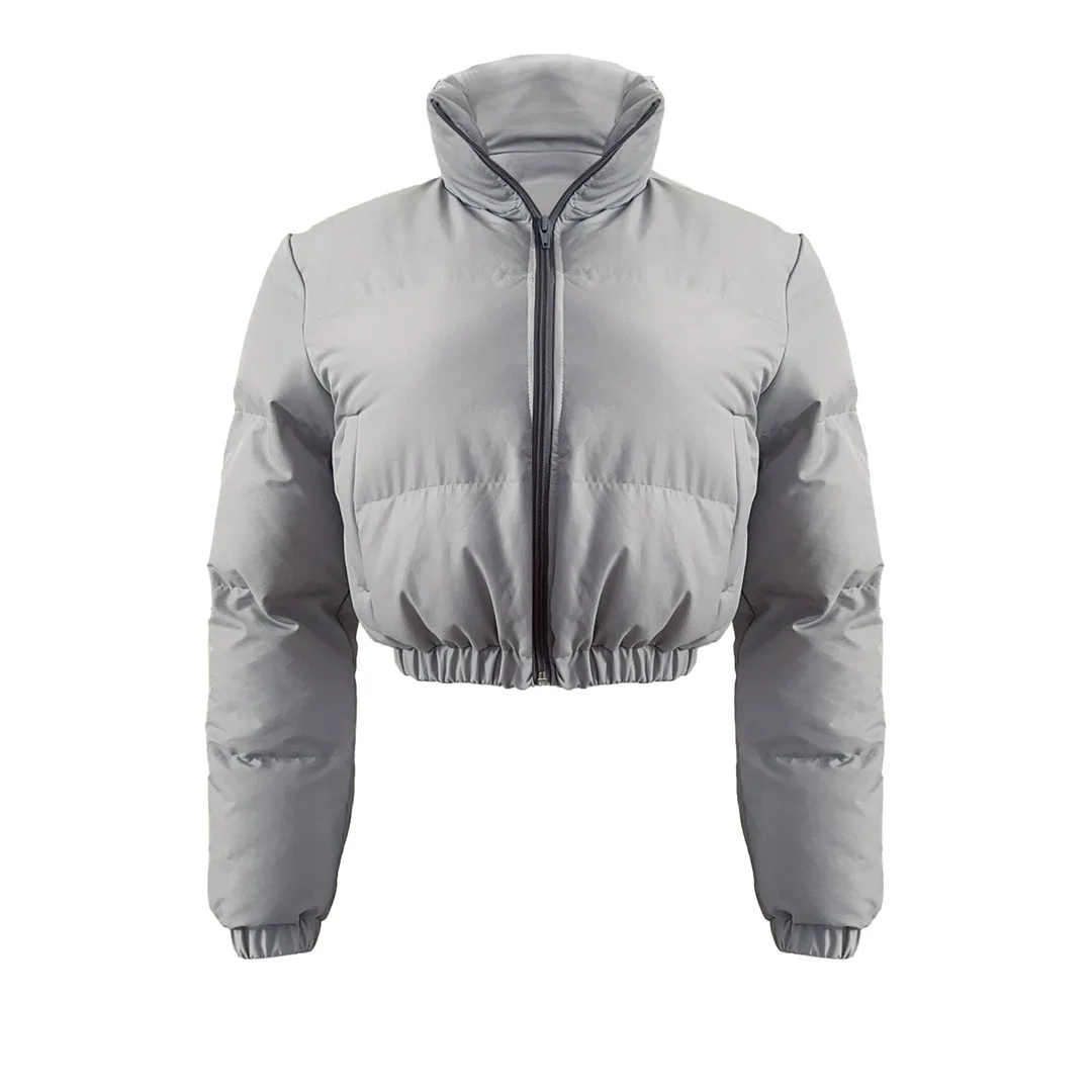 Women's Solid Color Cotton Jacket 2022 Autumn Winter New High Neck Zipper Long Sleeve Short Padded Coat Woman Clothes Overcoat