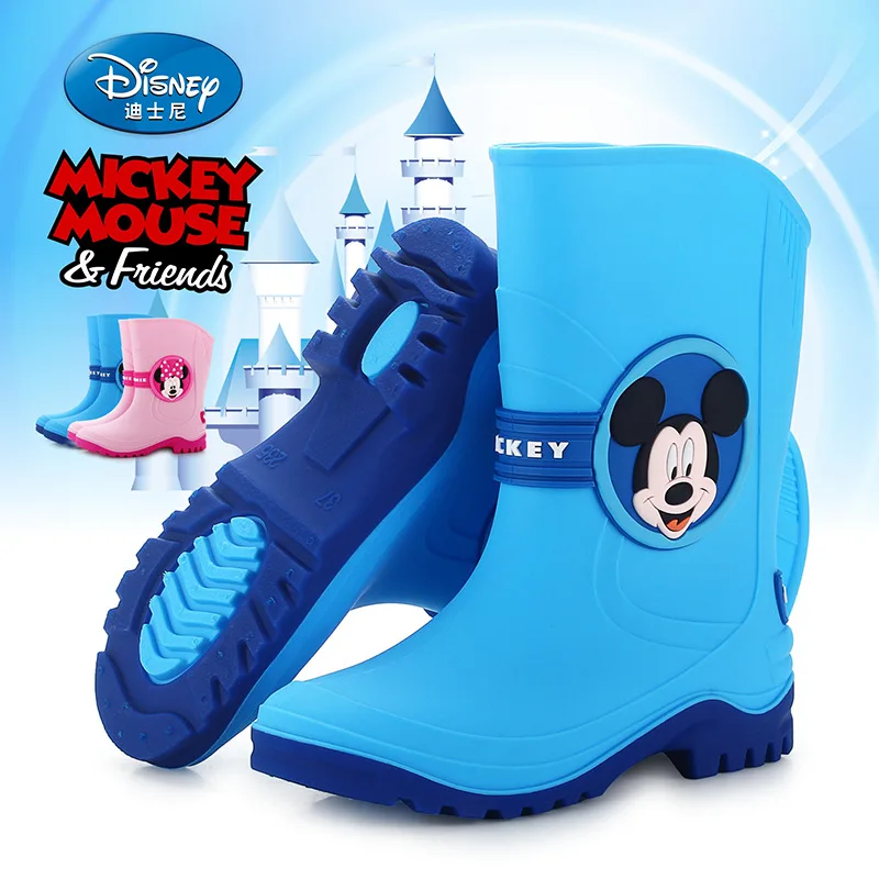 

Disney children's new Mickey boy rain boots 8-15 years old Minnie cartoon girl plus cotton warm rain boots eu 30-39