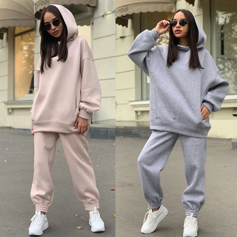 

Solid Color Warm Hoodies Casual Sportswear Suit Women Loose Pants Sets Fall Winter Sports Pullovers Trousers 2 Piece Set 2023